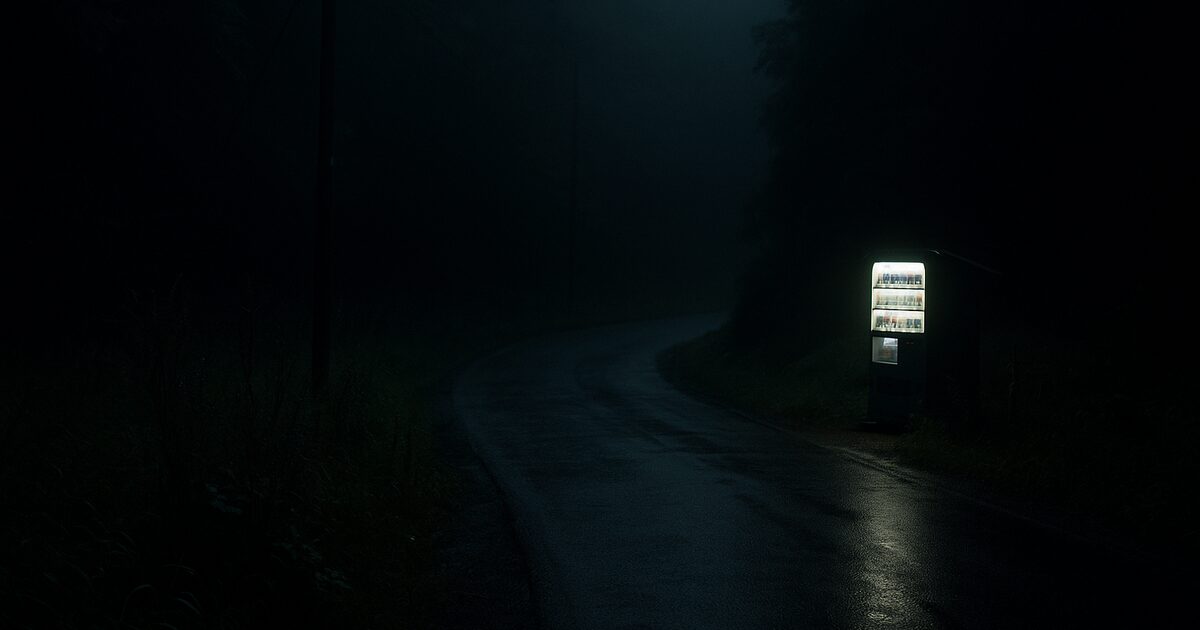 A deserted Japanese country road leading to a glowing vending machine at night
