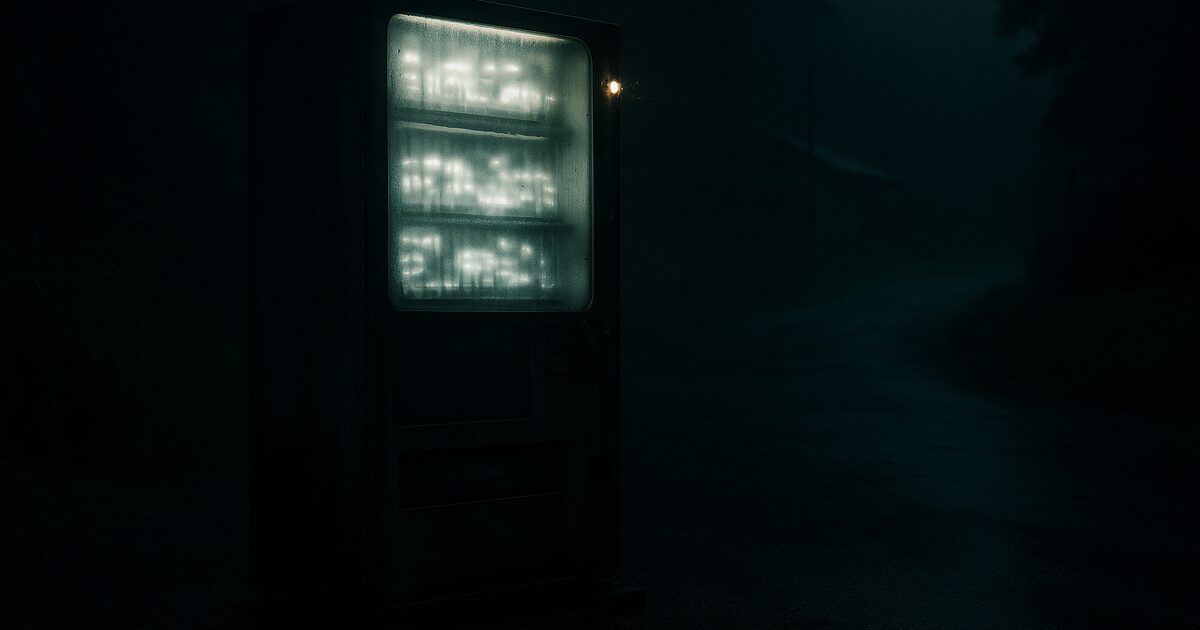 Cold light and condensation on a vending machine beside a dark road