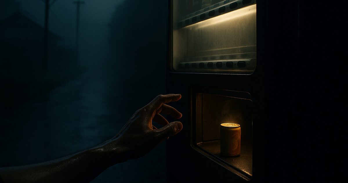 A hand hesitating near a warm canned drink in a haunted vending machine slot