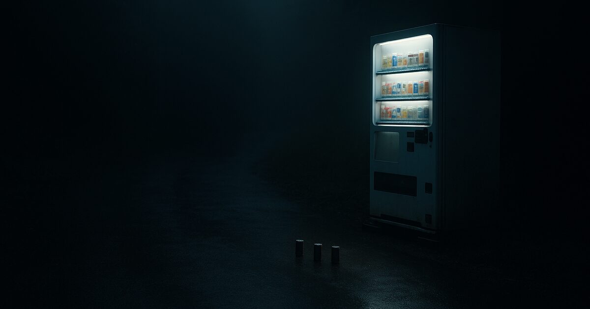 Three cans left on wet asphalt beside a lonely vending machine after midnight