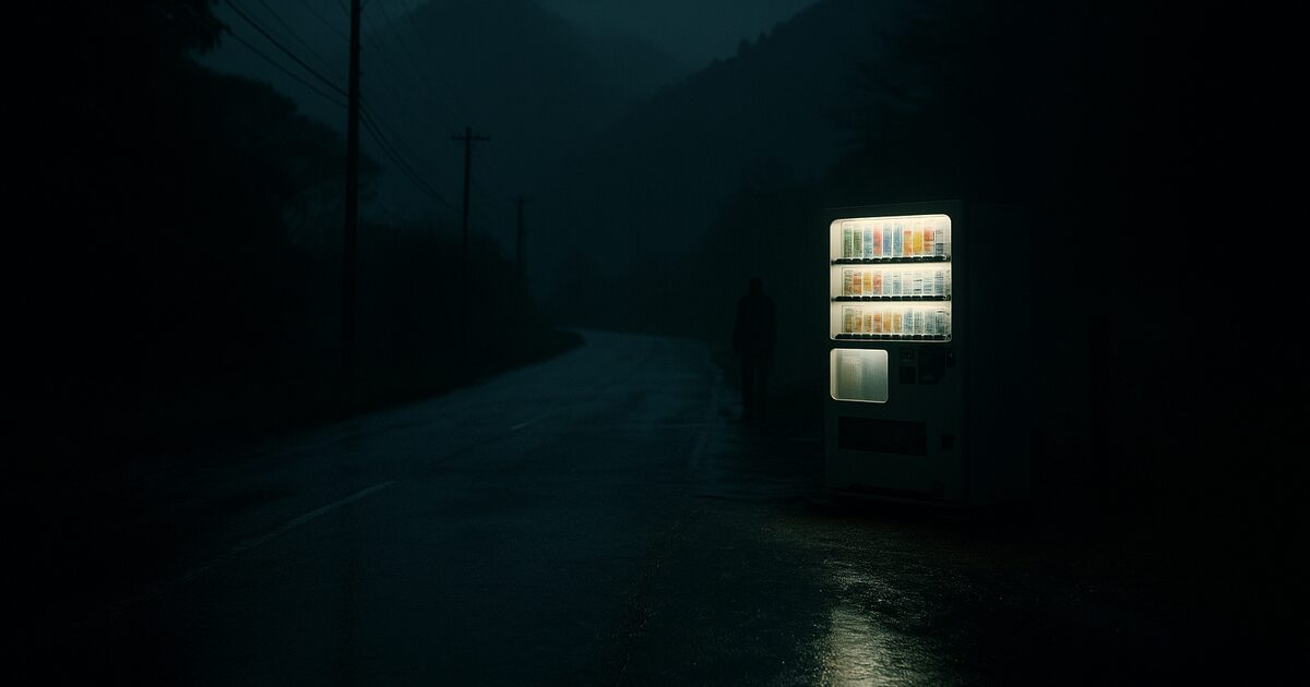Haunted vending machine on a lonely rural road in Japan at night