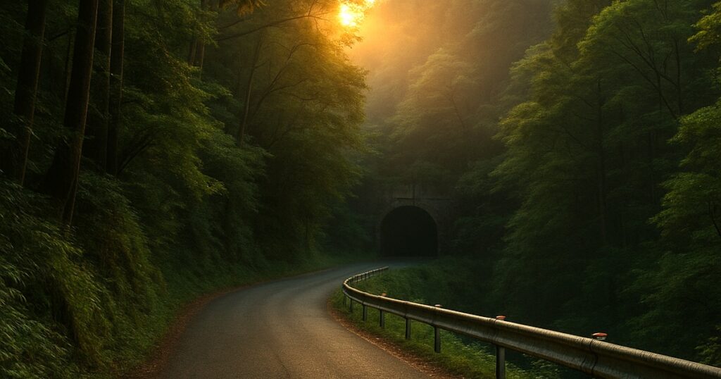 A clear travel-horror view of a forest mountain road leading toward the old Inunaki Pass tunnel