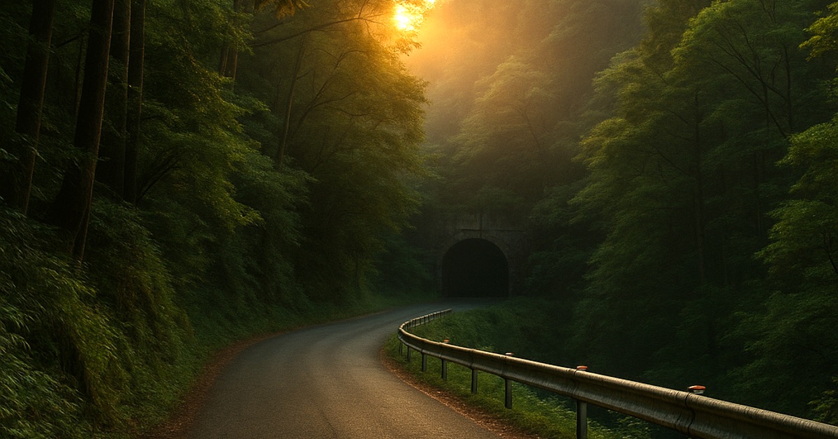 A clear travel-horror view of a forest mountain road leading toward the old Inunaki Pass tunnel